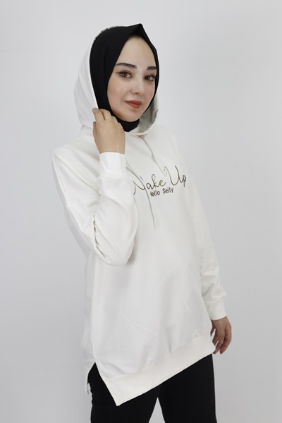 23299 2 İp Kumaş Yazı Baskılı Sweatshirt-EKRU