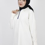 23296 2 İp Kumaş Yaka Fermuar Detaylı Sweatshirt-EKRU