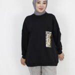 23001 2 İp Kumaş İnci Ve Baskı Detaylı Oversize Sweatshirt-SİYAH