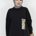 23001 2 İp Kumaş İnci Ve Baskı Detaylı Oversize Sweatshirt-SİYAH