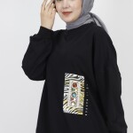 23001 2 İp Kumaş İnci Ve Baskı Detaylı Oversize Sweatshirt-SİYAH