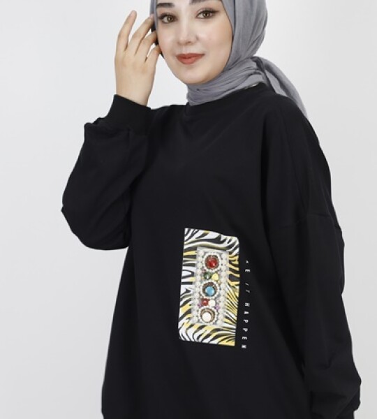 23001 2 İp Kumaş İnci Ve Baskı Detaylı Oversize Sweatshirt-SİYAH