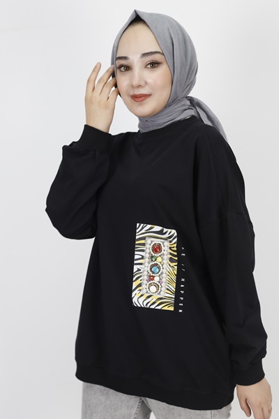 23001 2 İp Kumaş İnci Ve Baskı Detaylı Oversize Sweatshirt-SİYAH