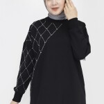 23284 Ekose Taş Baskılı 2 İp Kumaş Sweatshirt-SİYAH