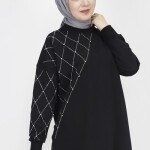 23284 Ekose Taş Baskılı 2 İp Kumaş Sweatshirt-SİYAH