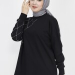 23284 Ekose Taş Baskılı 2 İp Kumaş Sweatshirt-SİYAH