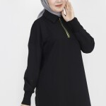 23296 2 İp Kumaş Yaka Fermuar Detaylı Sweatshirt-SİYAH