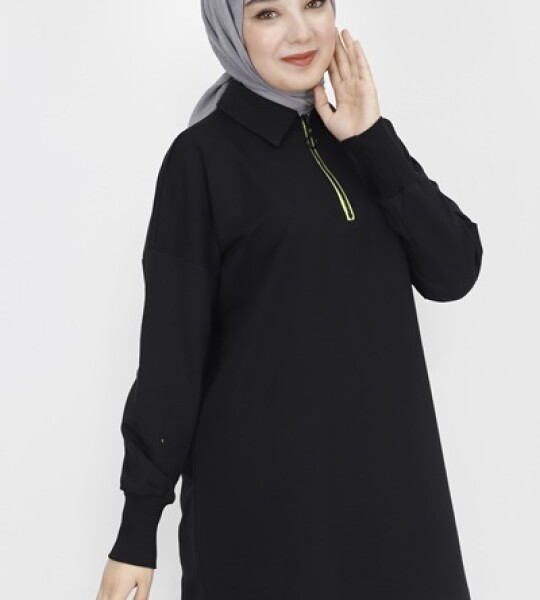 23296 2 İp Kumaş Yaka Fermuar Detaylı Sweatshirt-SİYAH