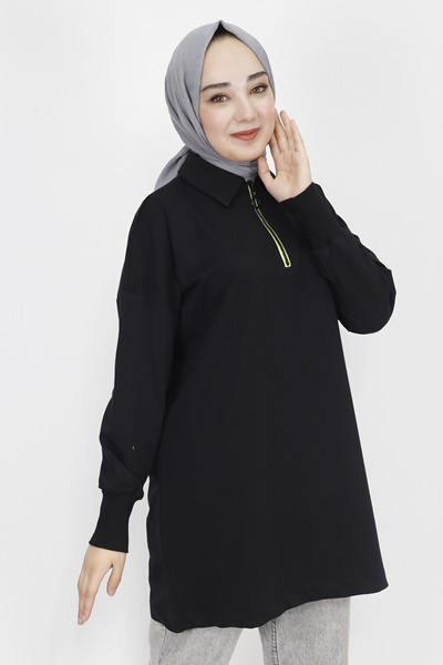 23296 2 İp Kumaş Yaka Fermuar Detaylı Sweatshirt-SİYAH