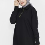 23296 2 İp Kumaş Yaka Fermuar Detaylı Sweatshirt-SİYAH