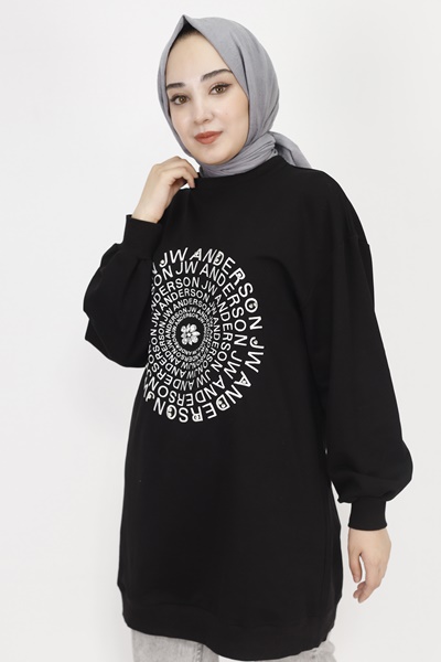 71143 2 İp Kumaş Nakış Ve Taş Detaylı Sweatshirt-SİYAH