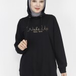 23299 2 İp Kumaş Yazı Baskılı Sweatshirt-SİYAH