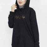 23299 2 İp Kumaş Yazı Baskılı Sweatshirt-SİYAH