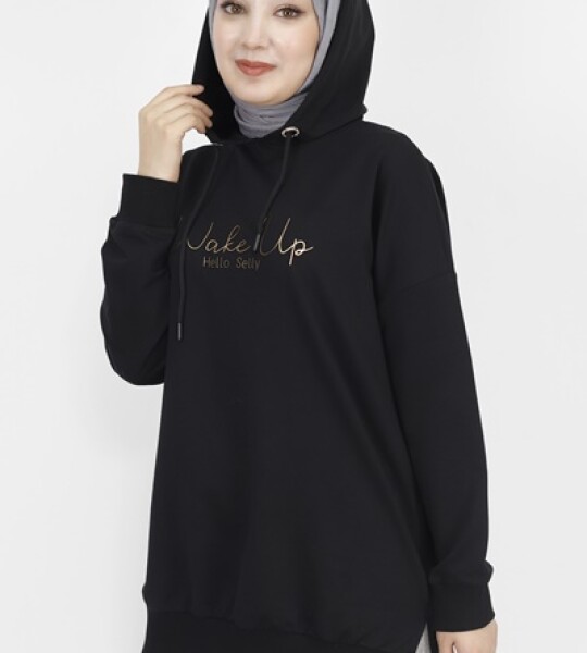 23299 2 İp Kumaş Yazı Baskılı Sweatshirt-SİYAH