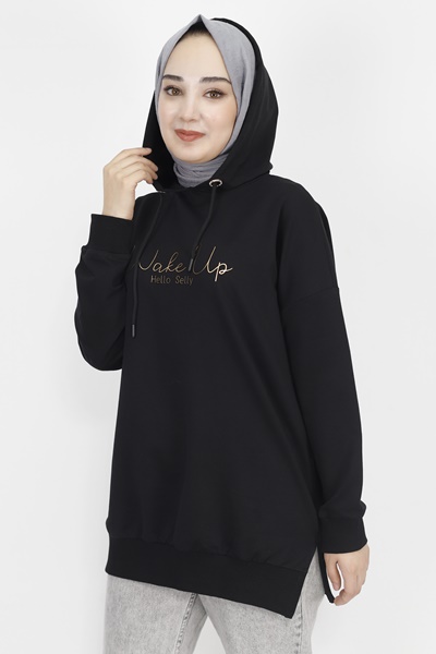 23299 2 İp Kumaş Yazı Baskılı Sweatshirt-SİYAH