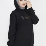 23299 2 İp Kumaş Yazı Baskılı Sweatshirt-SİYAH