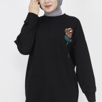 6972 Pul İşleme Detaylı 2 İp Kumaş Sweatshirt-SİYAH