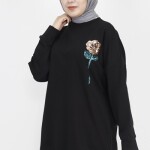 6972 Pul İşleme Detaylı 2 İp Kumaş Sweatshirt-SİYAH