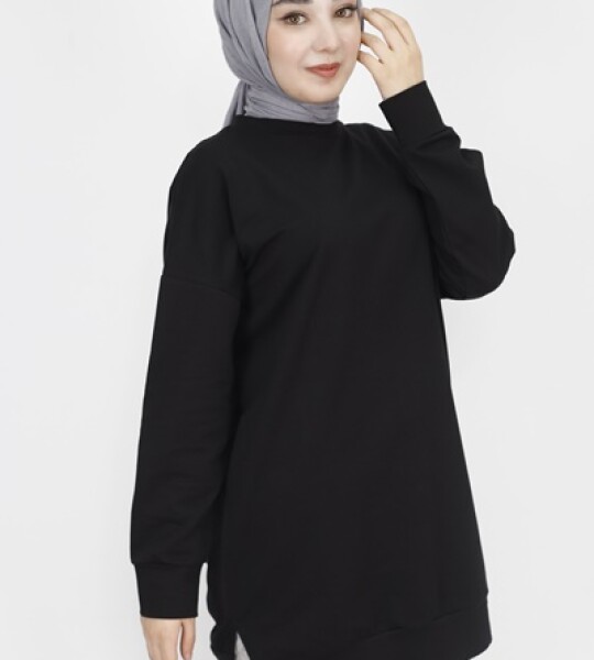 6972 Pul İşleme Detaylı 2 İp Kumaş Sweatshirt-SİYAH