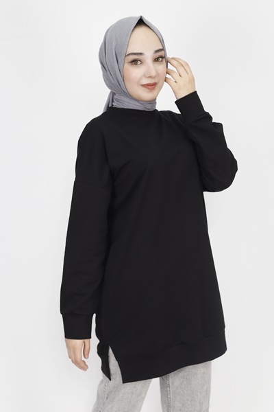 6972 Pul İşleme Detaylı 2 İp Kumaş Sweatshirt-SİYAH