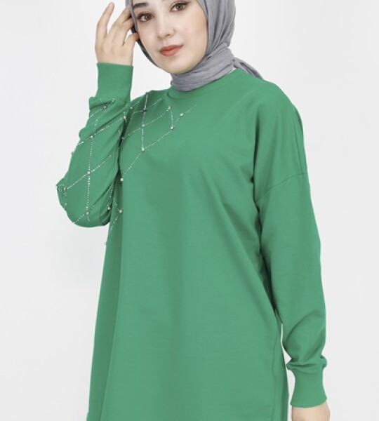 23284 Ekose Taş Baskılı 2 İp Kumaş Sweatshirt-YEŞİL