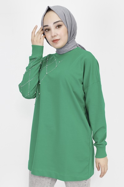 23284 Ekose Taş Baskılı 2 İp Kumaş Sweatshirt-YEŞİL