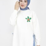 23288 2 İp Kumaş Kot Garnili Ve Baskılı Sweatshirt-EKRU