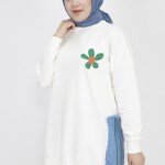 23288 2 İp Kumaş Kot Garnili Ve Baskılı Sweatshirt-EKRU