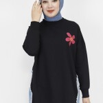 23288 2 İp Kumaş Kot Garnili Ve Baskılı Sweatshirt-SİYAH