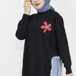 23288 2 İp Kumaş Kot Garnili Ve Baskılı Sweatshirt-SİYAH