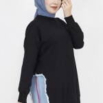 23288 2 İp Kumaş Kot Garnili Ve Baskılı Sweatshirt-SİYAH