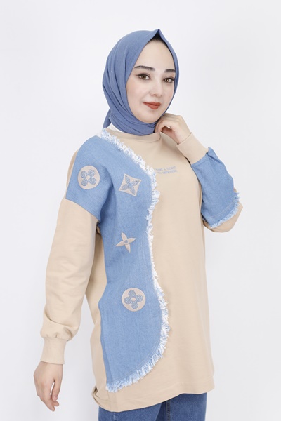 23298 2 İp Kumaş Kot Garnili Ve Nakış Detaylı Sweatshirt-BEJ