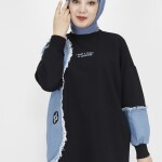 23298 2 İp Kumaş Kot Garnili Ve Nakış Detaylı Sweatshirt-SİYAH