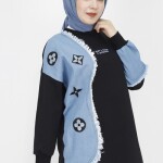 23298 2 İp Kumaş Kot Garnili Ve Nakış Detaylı Sweatshirt-SİYAH