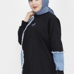 23298 2 İp Kumaş Kot Garnili Ve Nakış Detaylı Sweatshirt-SİYAH