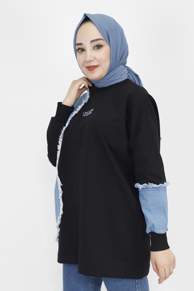 23298 2 İp Kumaş Kot Garnili Ve Nakış Detaylı Sweatshirt-SİYAH