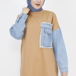 6957 Kot Cep Detaylı 2 İp Kumaş Sweatshirt-CAMEL