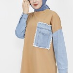 6957 Kot Cep Detaylı 2 İp Kumaş Sweatshirt-CAMEL