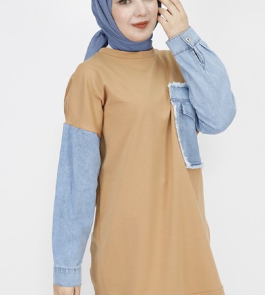 6957 Kot Cep Detaylı 2 İp Kumaş Sweatshirt-CAMEL