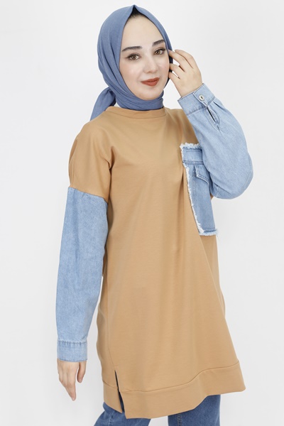 6957 Kot Cep Detaylı 2 İp Kumaş Sweatshirt-CAMEL