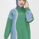 23298 2 İp Kumaş Kot Garnili Ve Nakış Detaylı Sweatshirt-YEŞİL