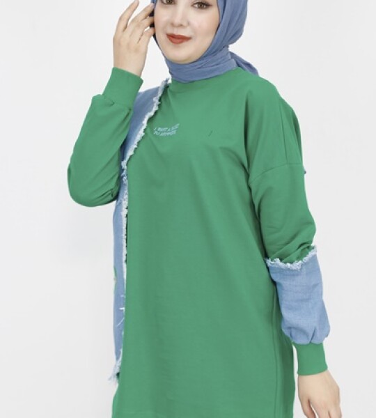 23298 2 İp Kumaş Kot Garnili Ve Nakış Detaylı Sweatshirt-YEŞİL