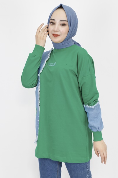 23298 2 İp Kumaş Kot Garnili Ve Nakış Detaylı Sweatshirt-YEŞİL