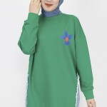 23288 2 İp Kumaş Kot Garnili Ve Baskılı Sweatshirt-YEŞİL