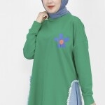 23288 2 İp Kumaş Kot Garnili Ve Baskılı Sweatshirt-YEŞİL