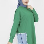 23288 2 İp Kumaş Kot Garnili Ve Baskılı Sweatshirt-YEŞİL