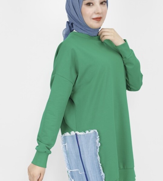 23288 2 İp Kumaş Kot Garnili Ve Baskılı Sweatshirt-YEŞİL