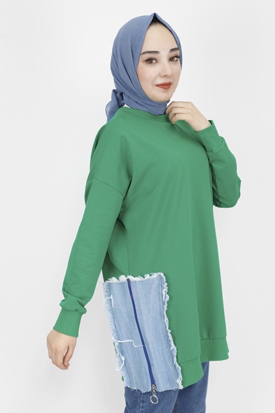 23288 2 İp Kumaş Kot Garnili Ve Baskılı Sweatshirt-YEŞİL