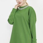 6988 Zincir Kolye Detaylı 2 İp Kumaş Sweatshirt-HAKİ