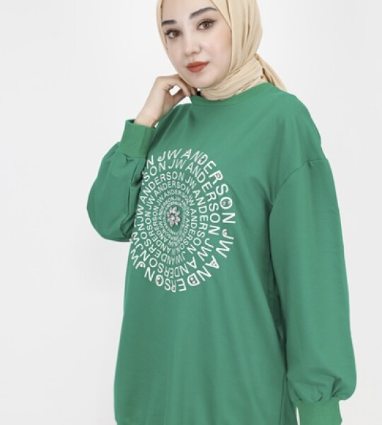 71143 2 İp Kumaş Nakış Ve Taş Detaylı Sweatshirt-YEŞİL